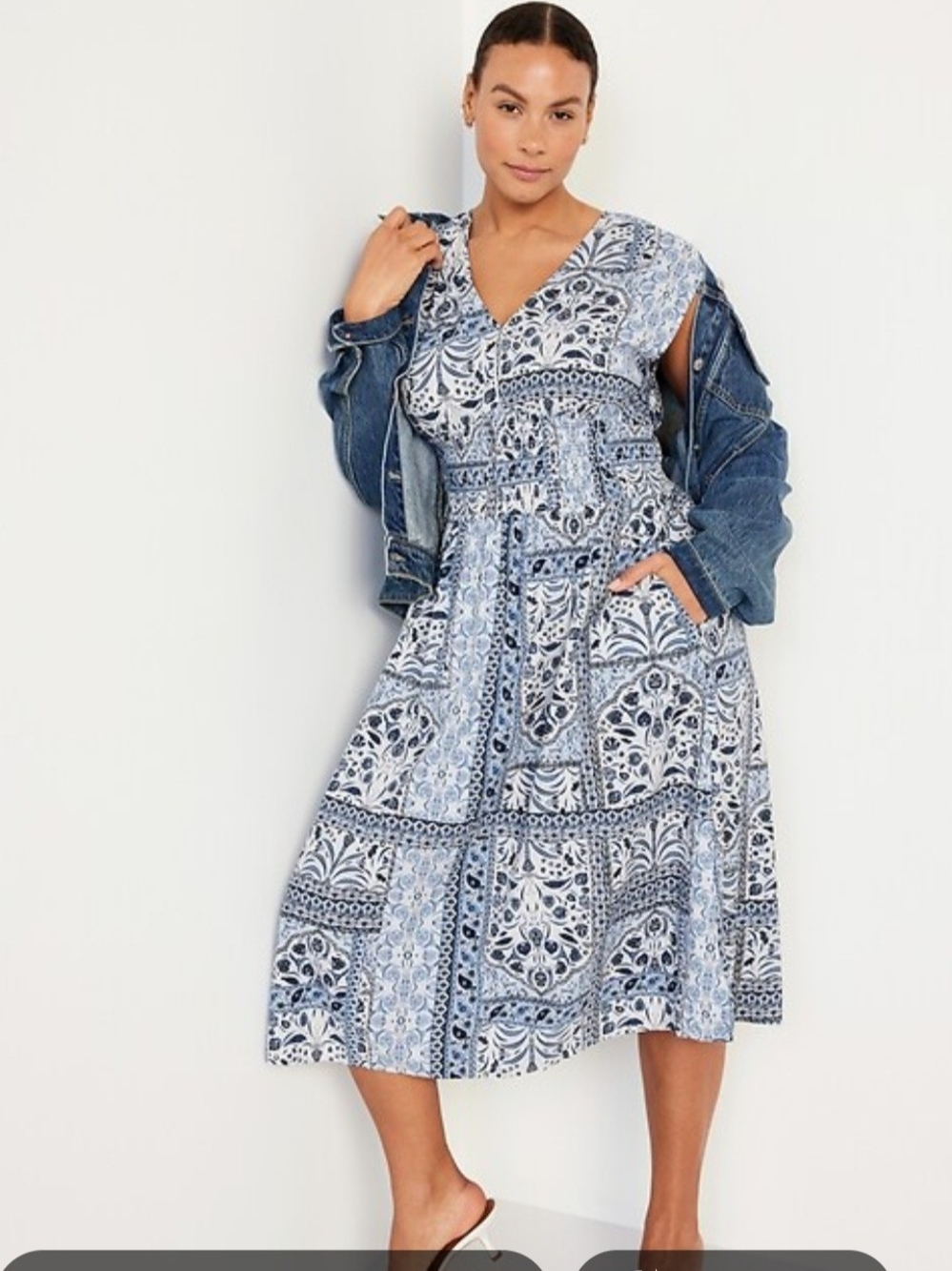Old Navy Blue and White Printed V-Neck Midi Dress